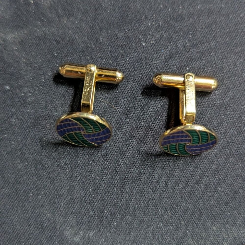 Vintage‎ Christian Dior Enamel Gold-Tone Cufflinks Green & Blue Swirl Design - Picture 6 of 10